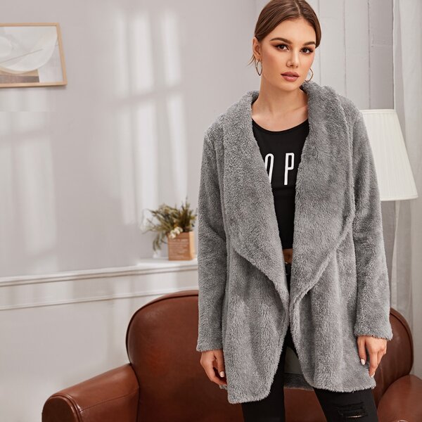 

Solid Waterfall Collar Teddy Coat, Grey