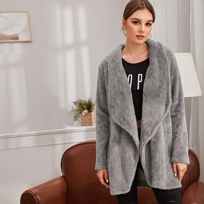 

Solid Waterfall Collar Teddy Coat, Grey