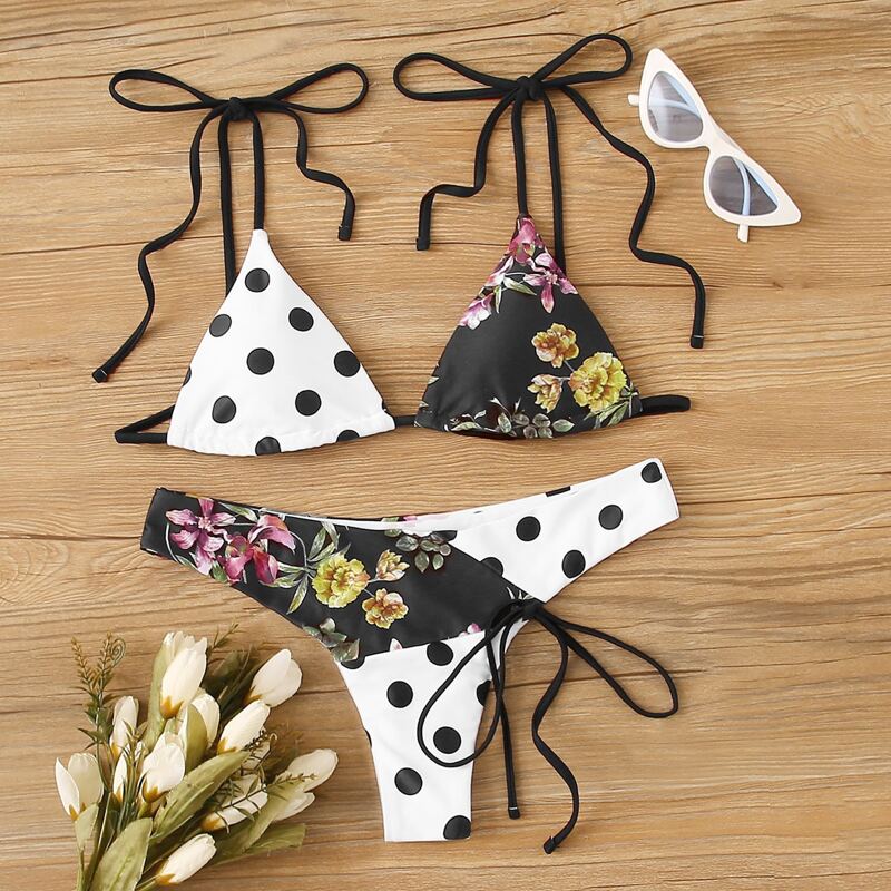 

Polka Dot & Floral Print Tie Shoulder Bikini Set, Black and white