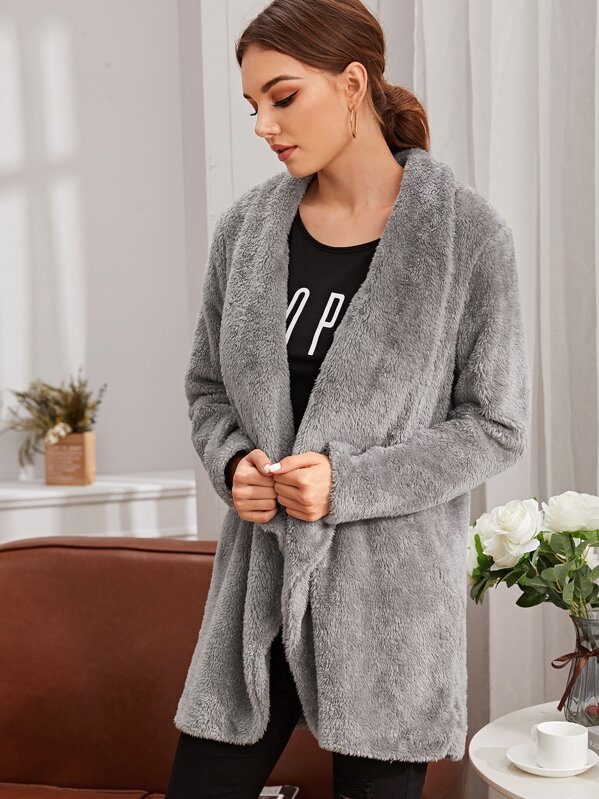 

Solid Waterfall Collar Teddy Coat, Grey, Vlada