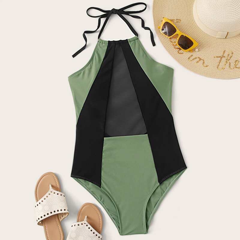 

Contrast Mesh Halter One Piece Swimwear, Army green
