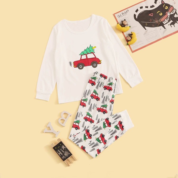 

Boys Cartoon Car Print PJ Set, White