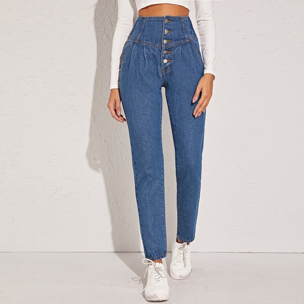 

High Waist Button Fly Mom Jeans, Blue