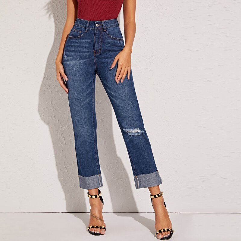 

Roll Hem Ripped Straight Leg Jeans, Blue