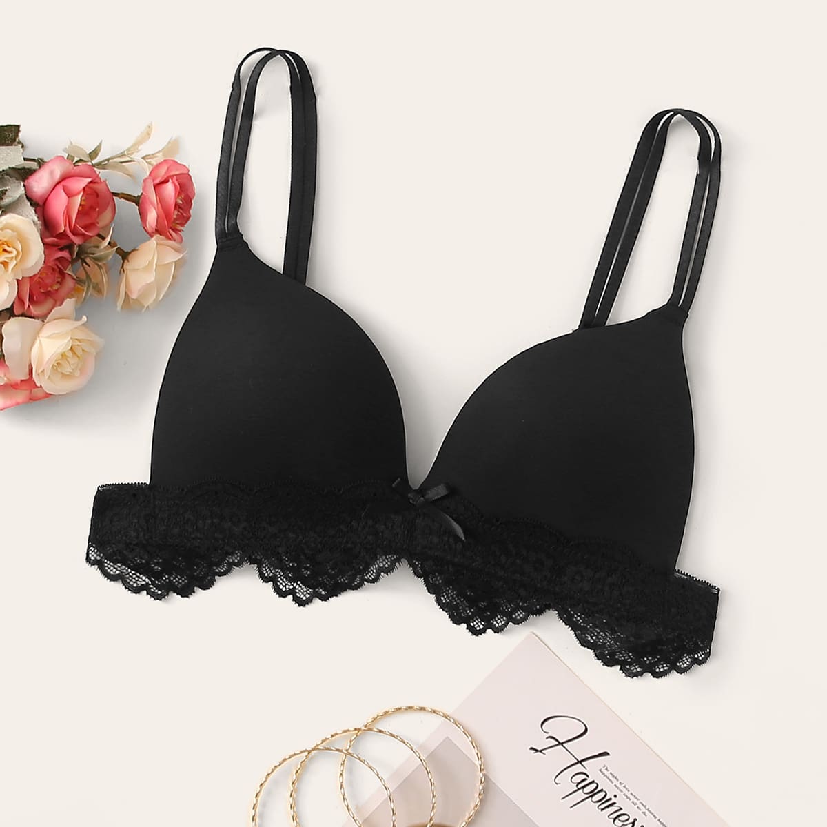

Solid Contrast Lace Bra, Black