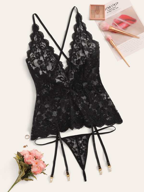 

Plus Floral Lace Slips With Thong, Black