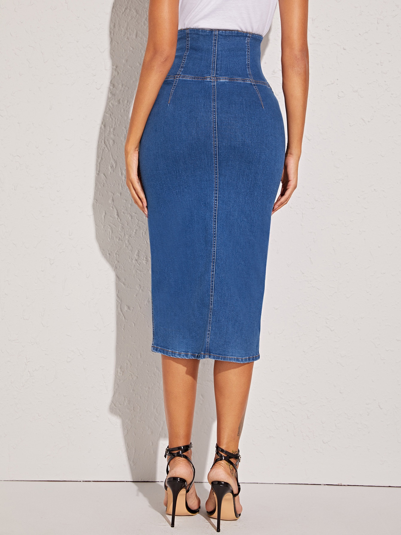 high waisted denim long skirt