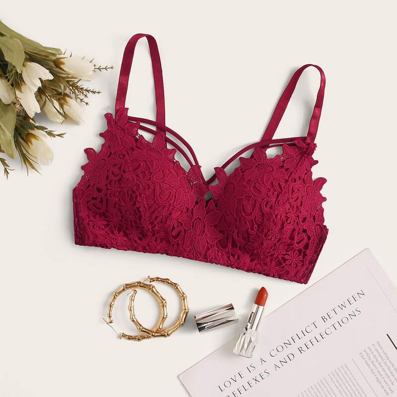 

Guipure Lace Harness Bra, Red