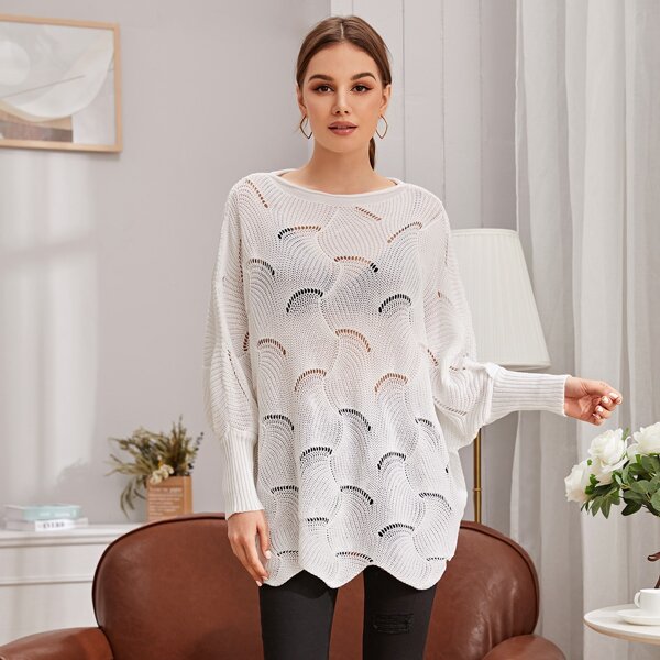 

Solid Open Knit Batwing Sleeve Sweater, White