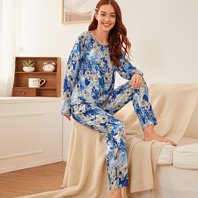 

Floral Print PJ Set, Blue