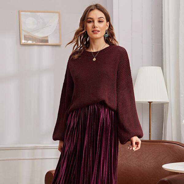 

Solid Bishop Sleeve Drop Shoulder Sweater, Burgundy