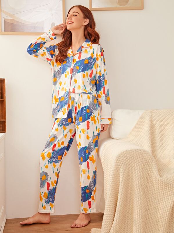 

Colorblock Button Front PJ Set, Multicolor, Poly