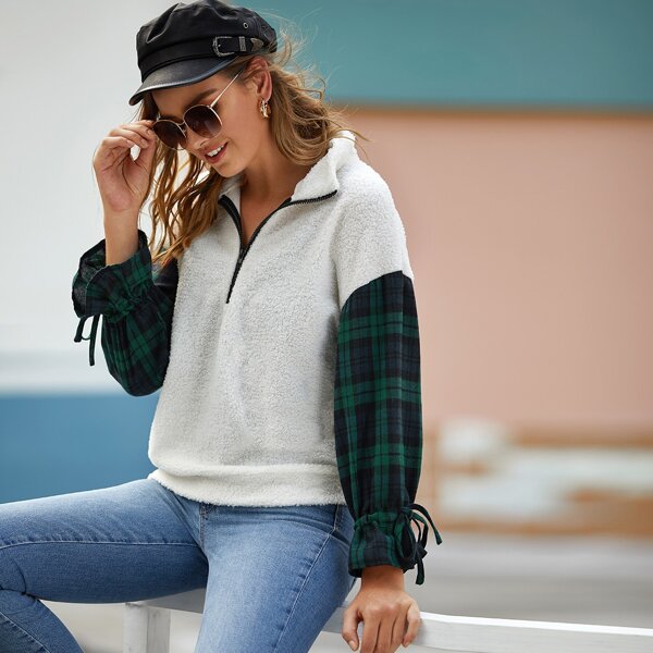 

Contrast Tartan Sleeve Zip Half Placket Teddy Sweatshirt, Multicolor