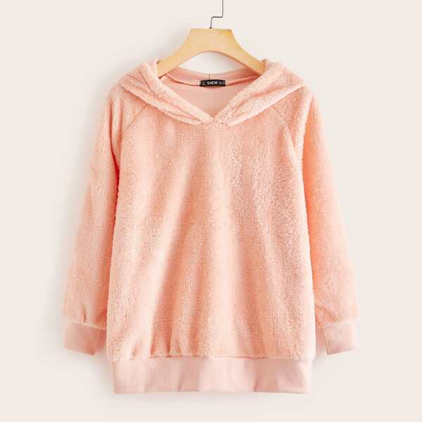 

Solid Raglan Sleeve Teddy Hoodie, Pink pastel