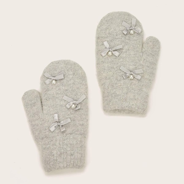 

1pair Girls Bow Knot Decor Gloves, Grey