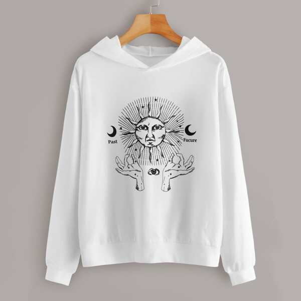 

Figure Print Drop Shoulder Hoodie, White