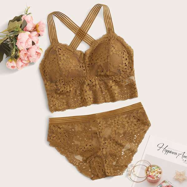

Floral Lace Criss Cross Lingerie Set, Brown