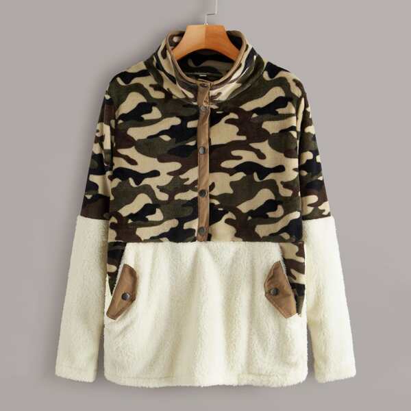 

Camo Color-block Press Button Teddy Pullover, Multicolor
