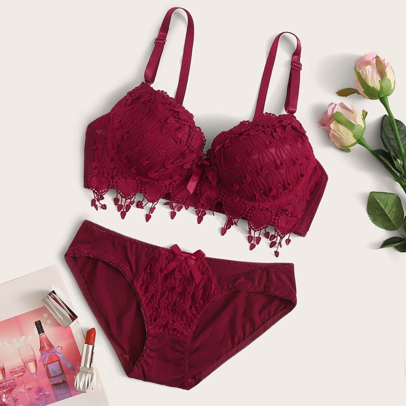 

Guipure Lace Underwire Lingerie Set, Burgundy