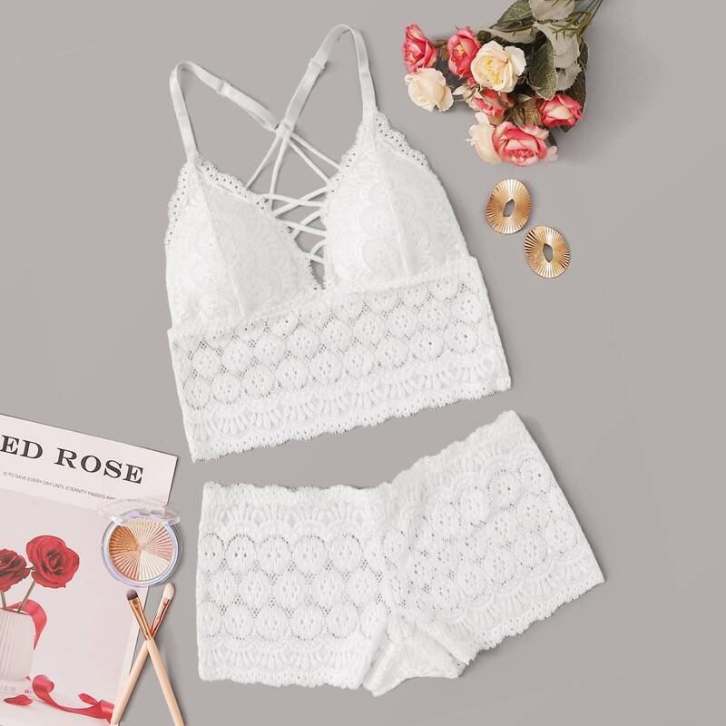 

Floral Lace Criss Cross Lingerie Set, White