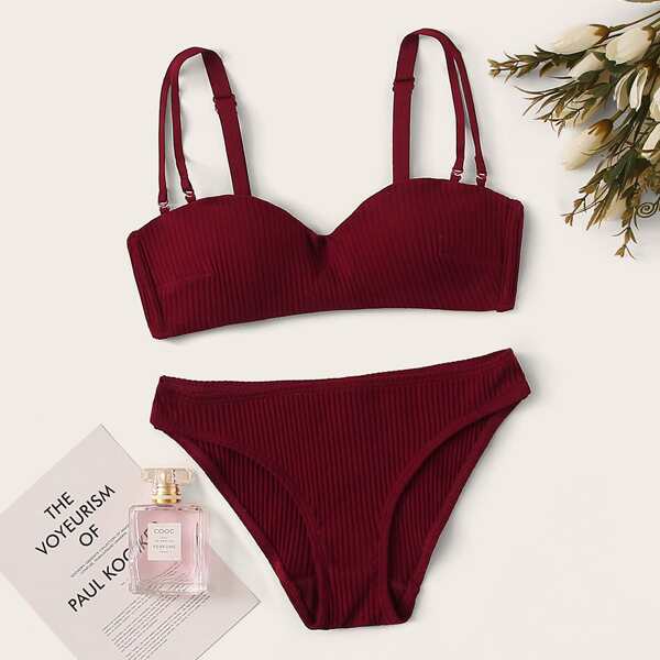 

Rib Detachable Strap Lingerie Set, Burgundy