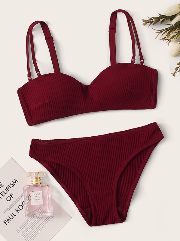 

Rib Detachable Strap Lingerie Set, Burgundy