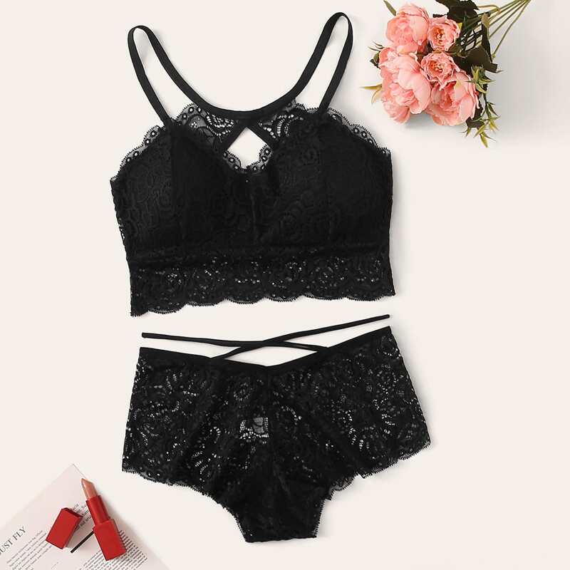 

Floral Lace Criss Cross Lingerie Set, Black
