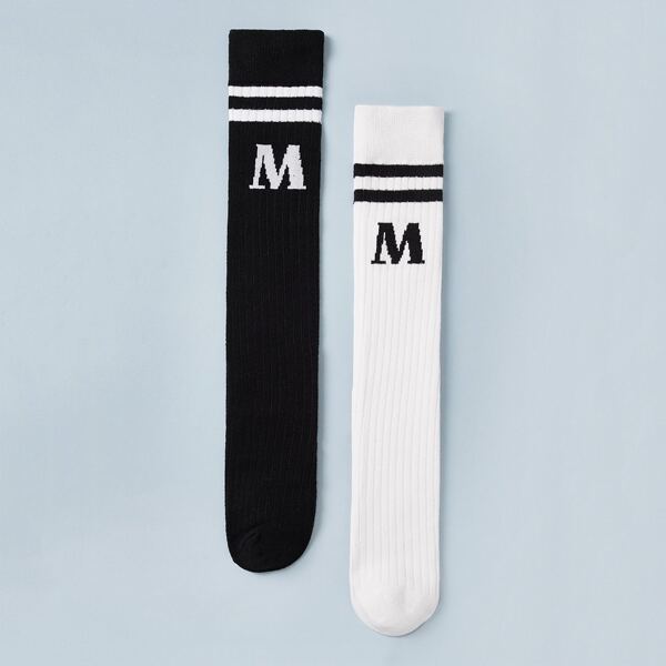 

2pairs Kids Letter Pattern Knee Length Socks, Black and white