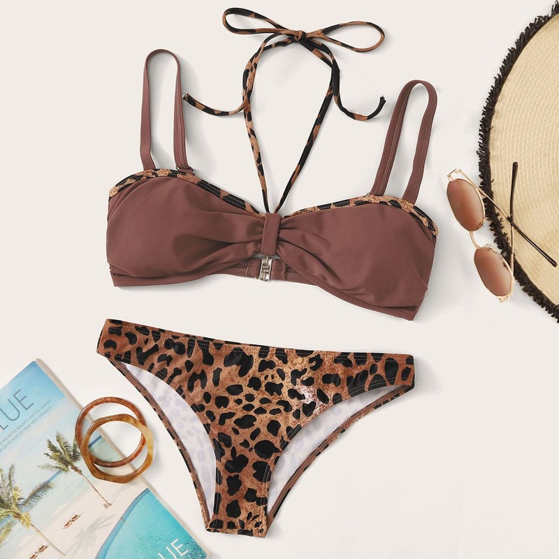 

Spaghetti Strap Top With Leopard Cheeky Bikini, Multicolor