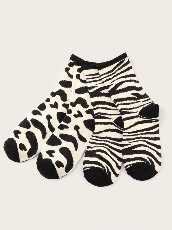

2pairs Kids Leopard & Zebra Pattern Socks, Multicolor