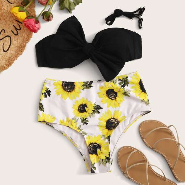 

Bow Bandeau With Floral High Waist Bikini Set, Multicolor