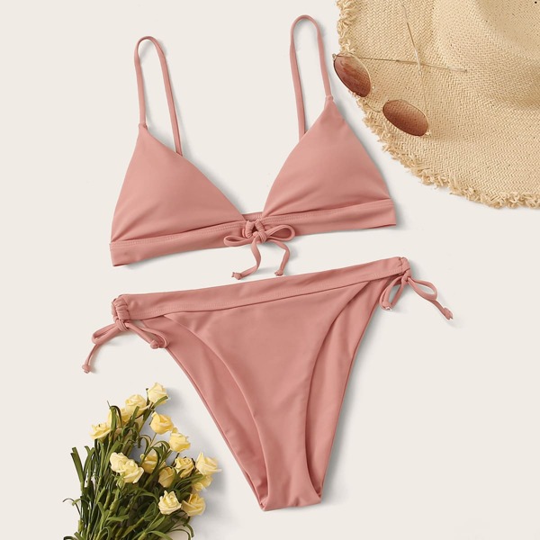 

Solid Triangle Top With Tie Side Bikini Set, Pink