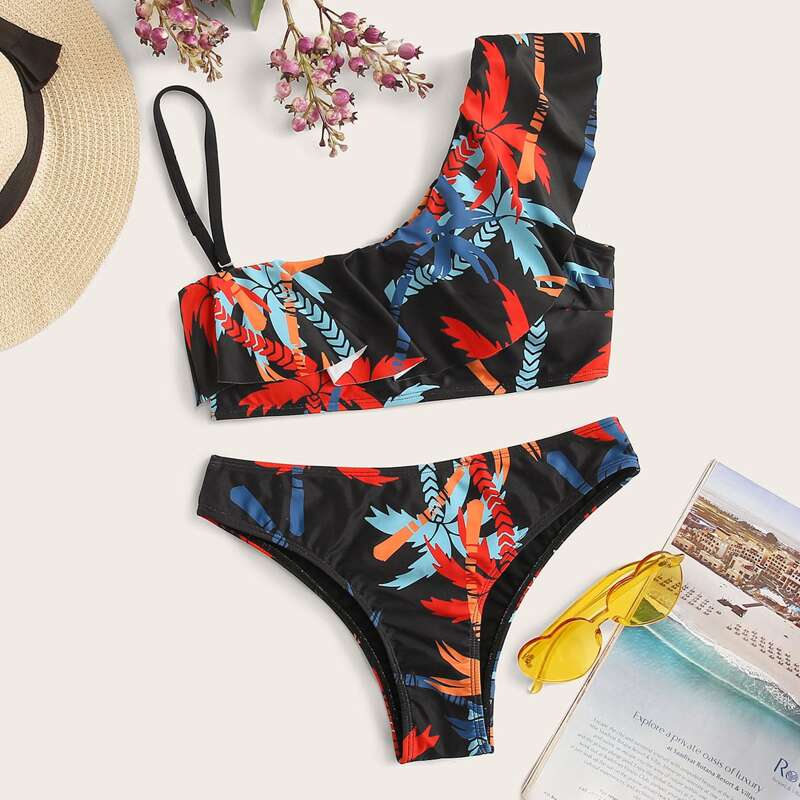 

Tropical Ruffle One Shoulder Bikini Set, Black
