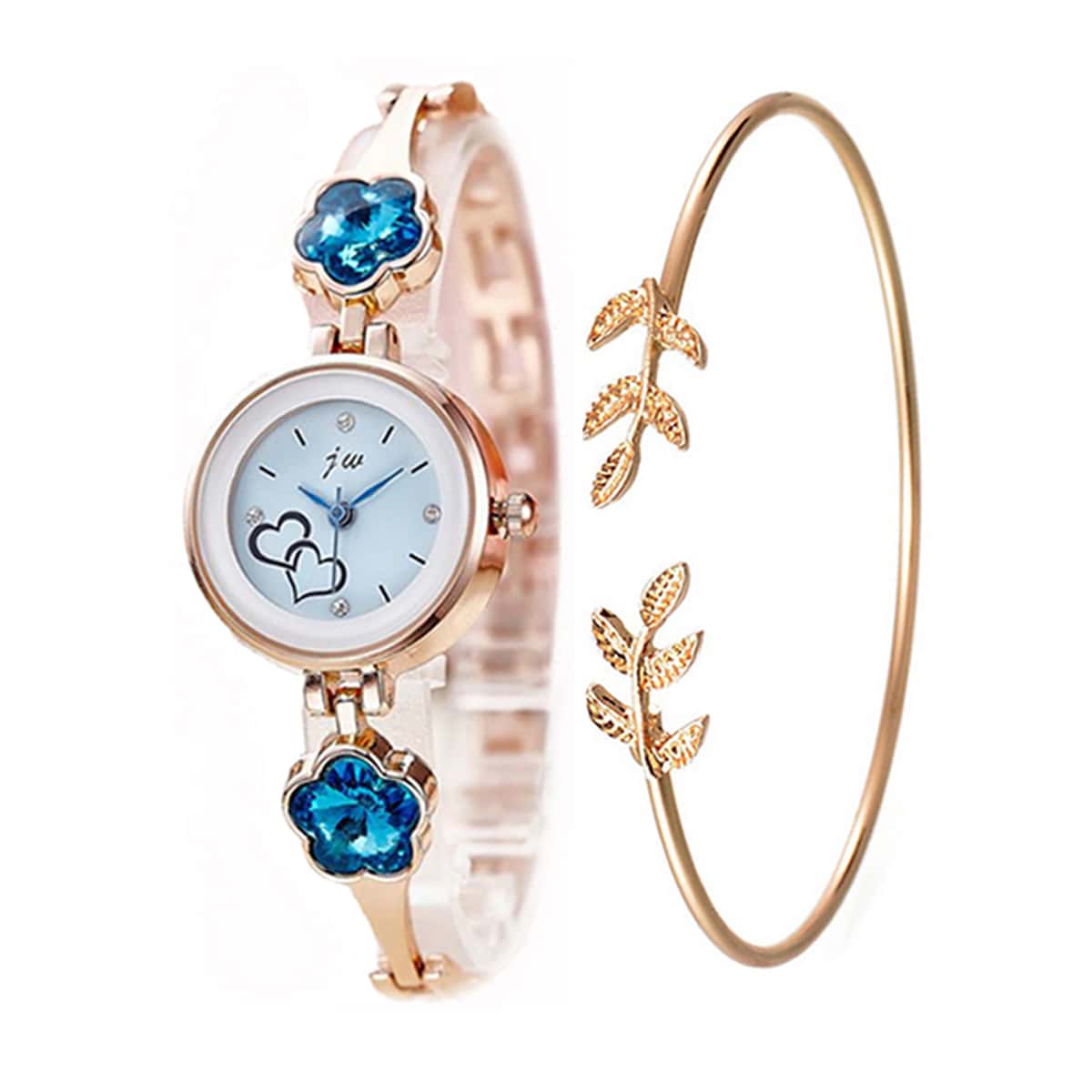 

1pc Rhinestone Detail Watch & 1pc Leaf Charm Bracelet
