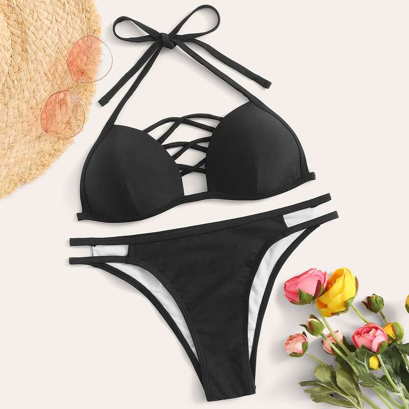 

Criss Cross Halter Bikini Set, Black
