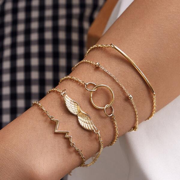 

5pcs Ring & Wing Decor Bracelet, Gold