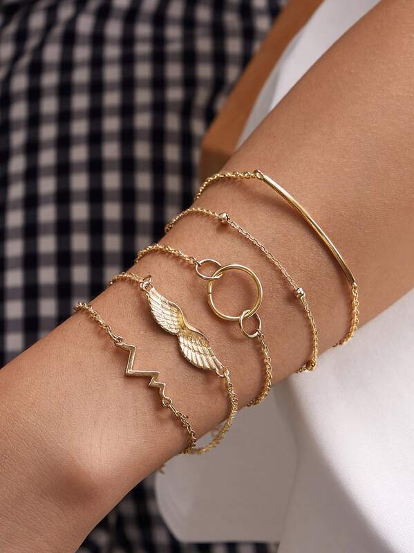 

5pcs Ring & Wing Decor Bracelet, Gold