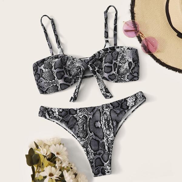 

Snakeskin Knot Front Bikini Set, Multicolor