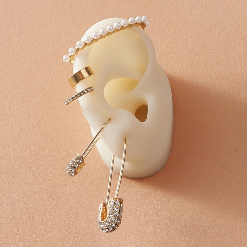 

5pcs Safety Pin Earrings & Ear Cuff Set, Gold
