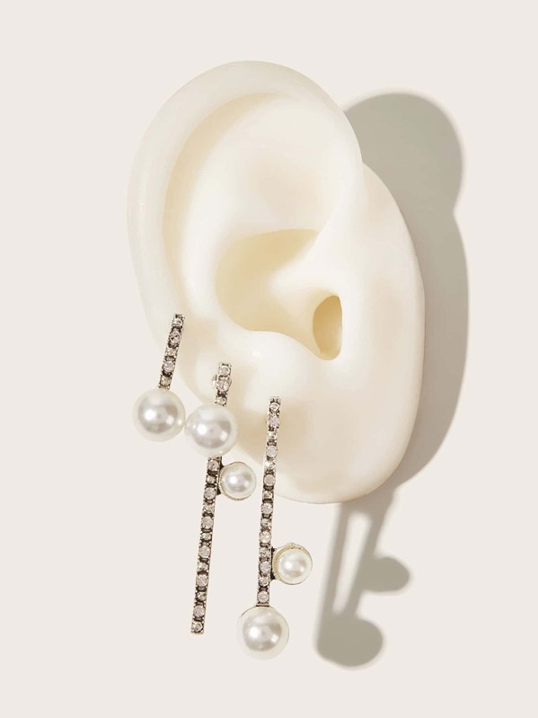 

3pcs Pearl Decor Stick Earrings, Silver