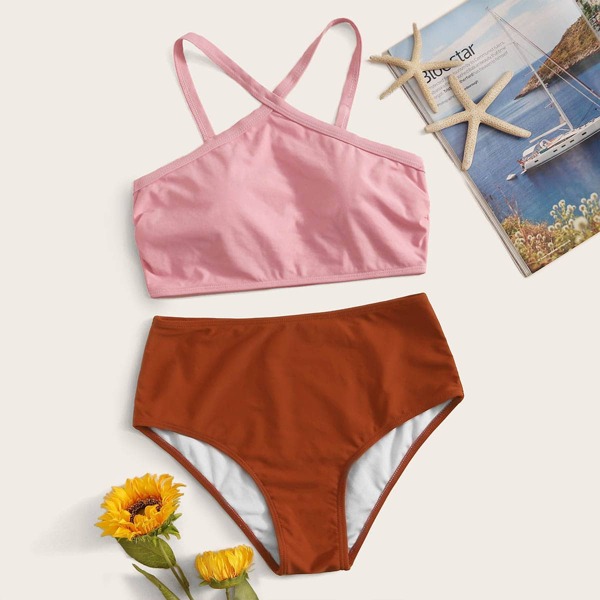 

Two Tone Halter Top With High Waist Bikini Set, Multicolor