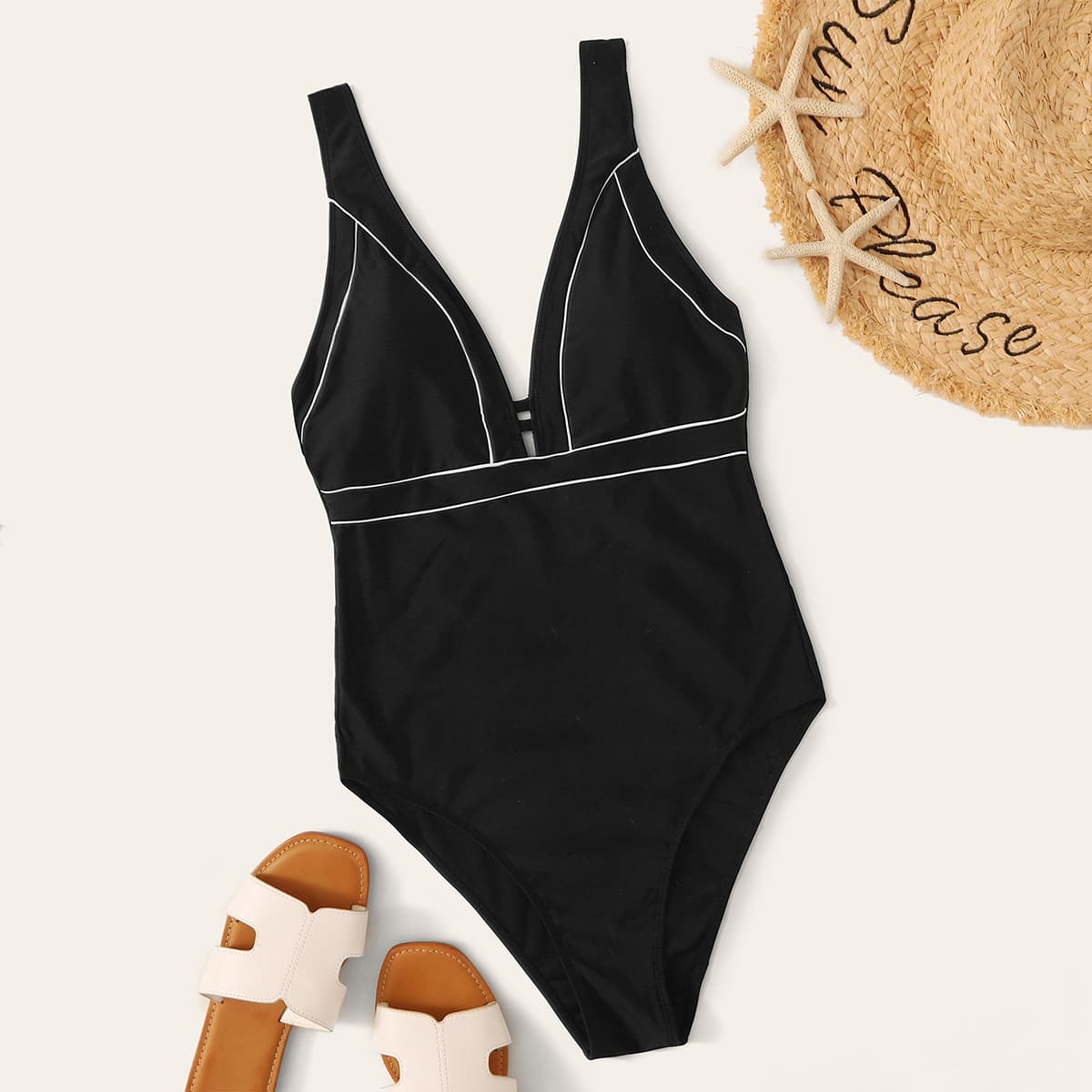 

Plunging Neck One Piece Swimwear, Black
