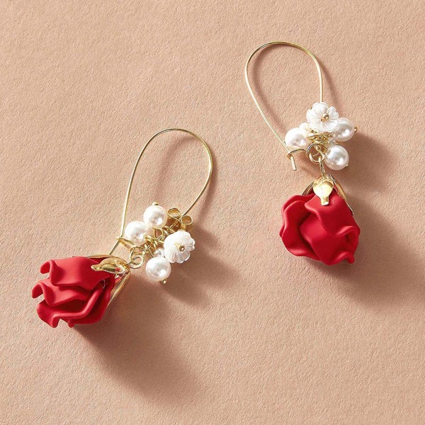 

1pair Flower & Pearl Earrings, Multicolor