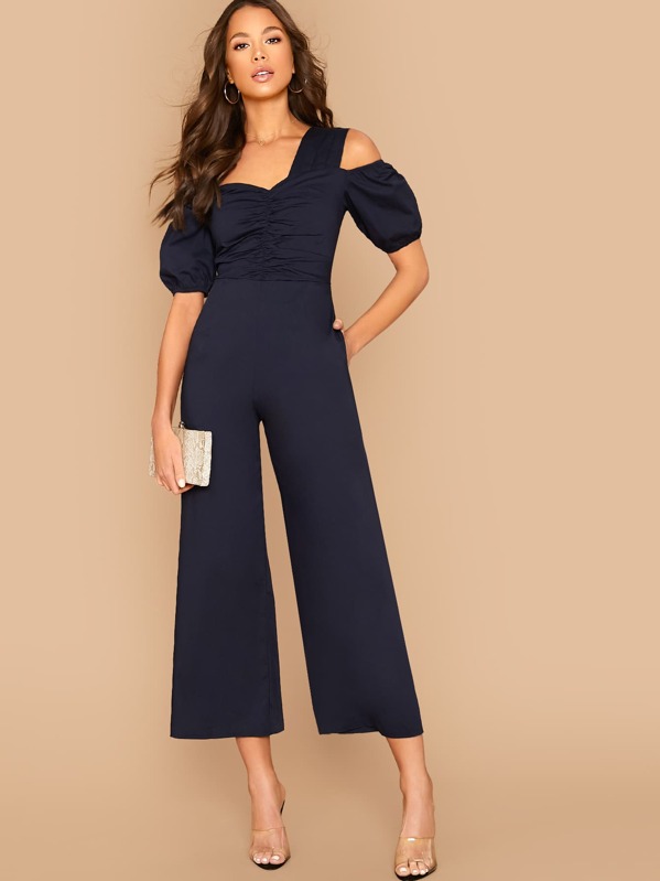 

Asymmetrical Neck Ruched Front Wide Leg Jumpsuit, Navy, Julia Peres