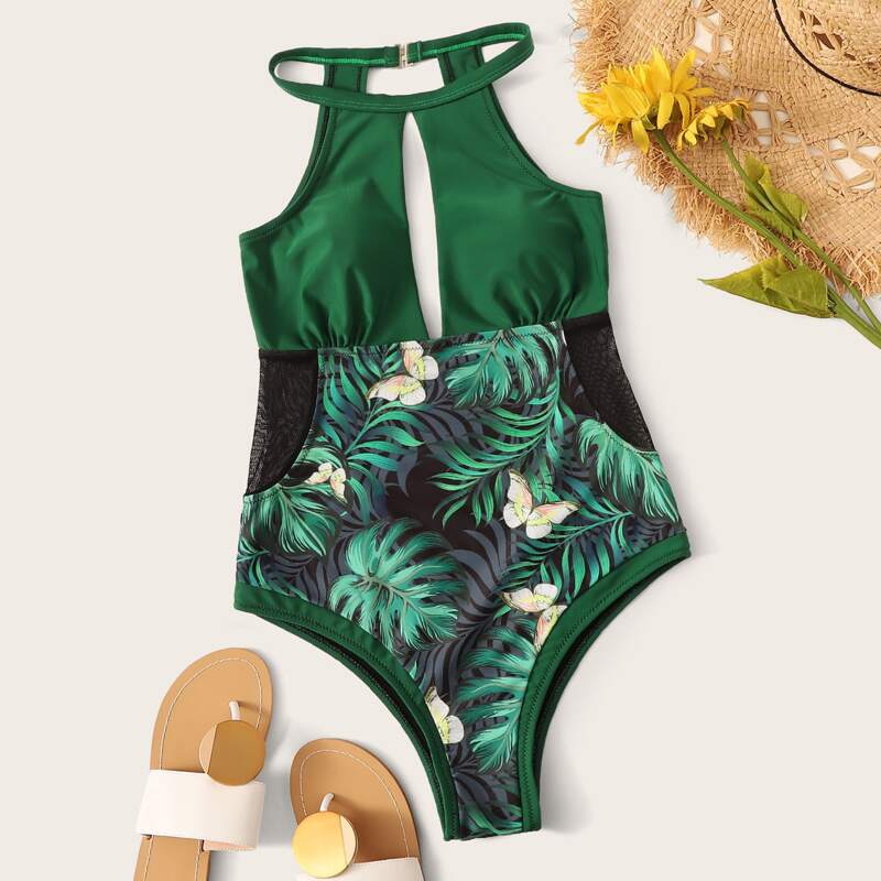 

Tropical Print One Piece Swimwear, Green