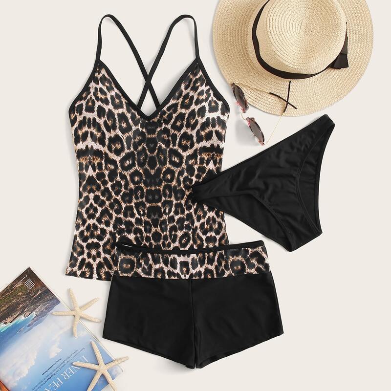 

3piece Leopard Co-ord Tankini Set, Multicolor