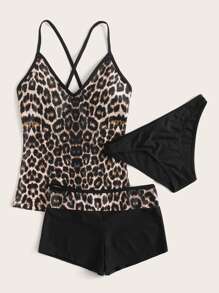 SHEIN Swim 3packs Leopard Crisscross Tankini Summer Beach - Multicolor - View 3