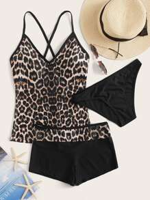 SHEIN Swim 3packs Leopard Crisscross Tankini Summer Beach - Multicolor - View 1