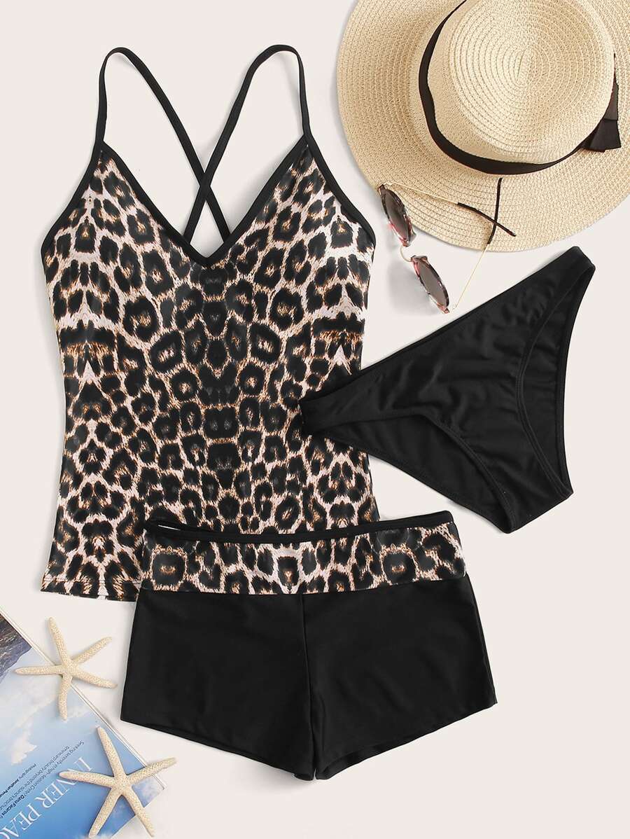 SHEIN Swim 3packs Leopard Crisscross Tankini Summer Beach - Multicolor - View 1