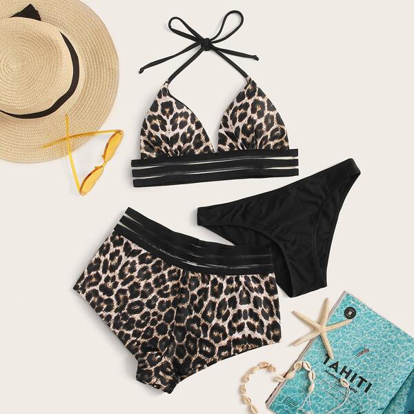 

3piece Leopard Contrast Mesh Co-ord Bikini Set, Multicolor